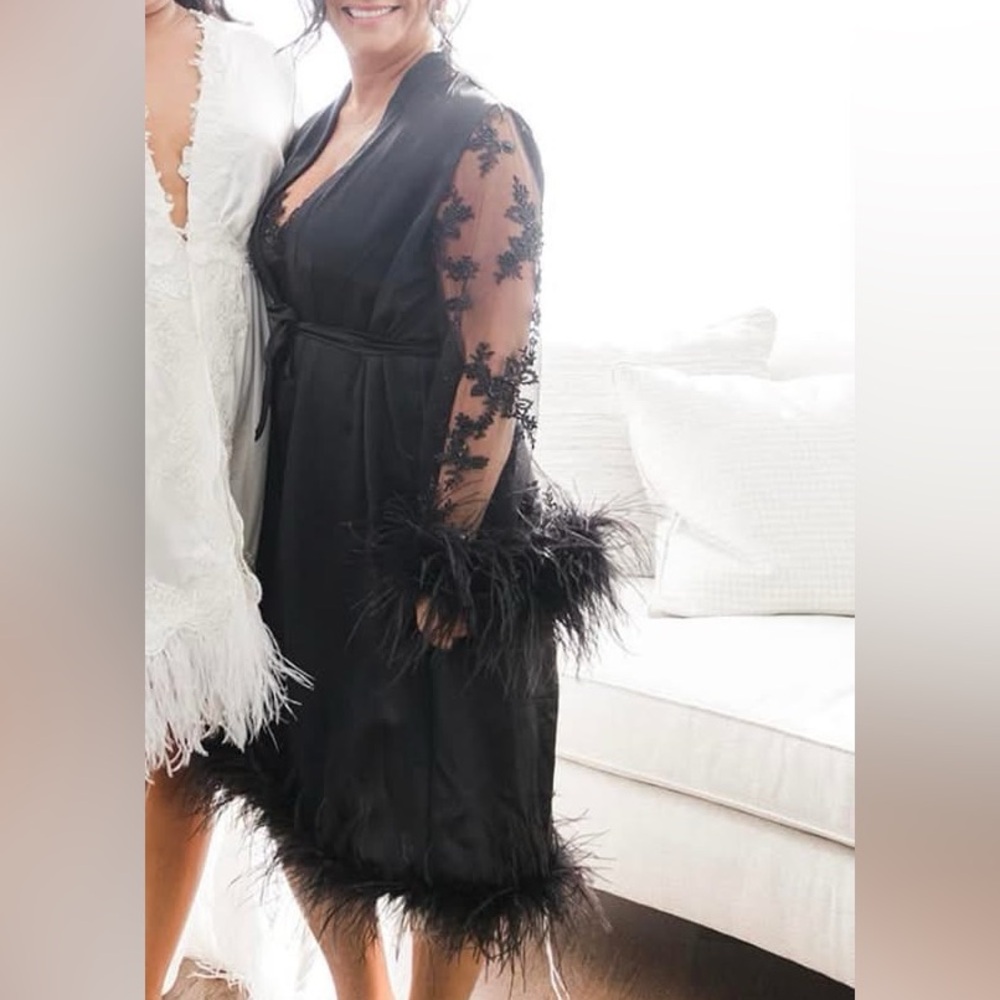 Black Feather Trim Satin Robe